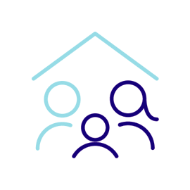 Eine Illustration mit drei Menschen unter einem Dach, eine Person ist hellblau, die anderen beiden in dunkelblau. Sie stehen für Angehörige und Zugehörige von betroffenen Menschen.